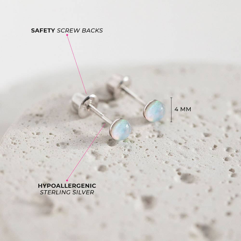 Opal Button 4mm Sterling Silver Earrings