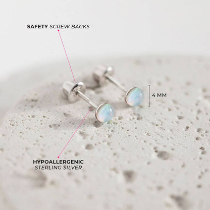 Opal Button 4mm Sterling Silver Earrings