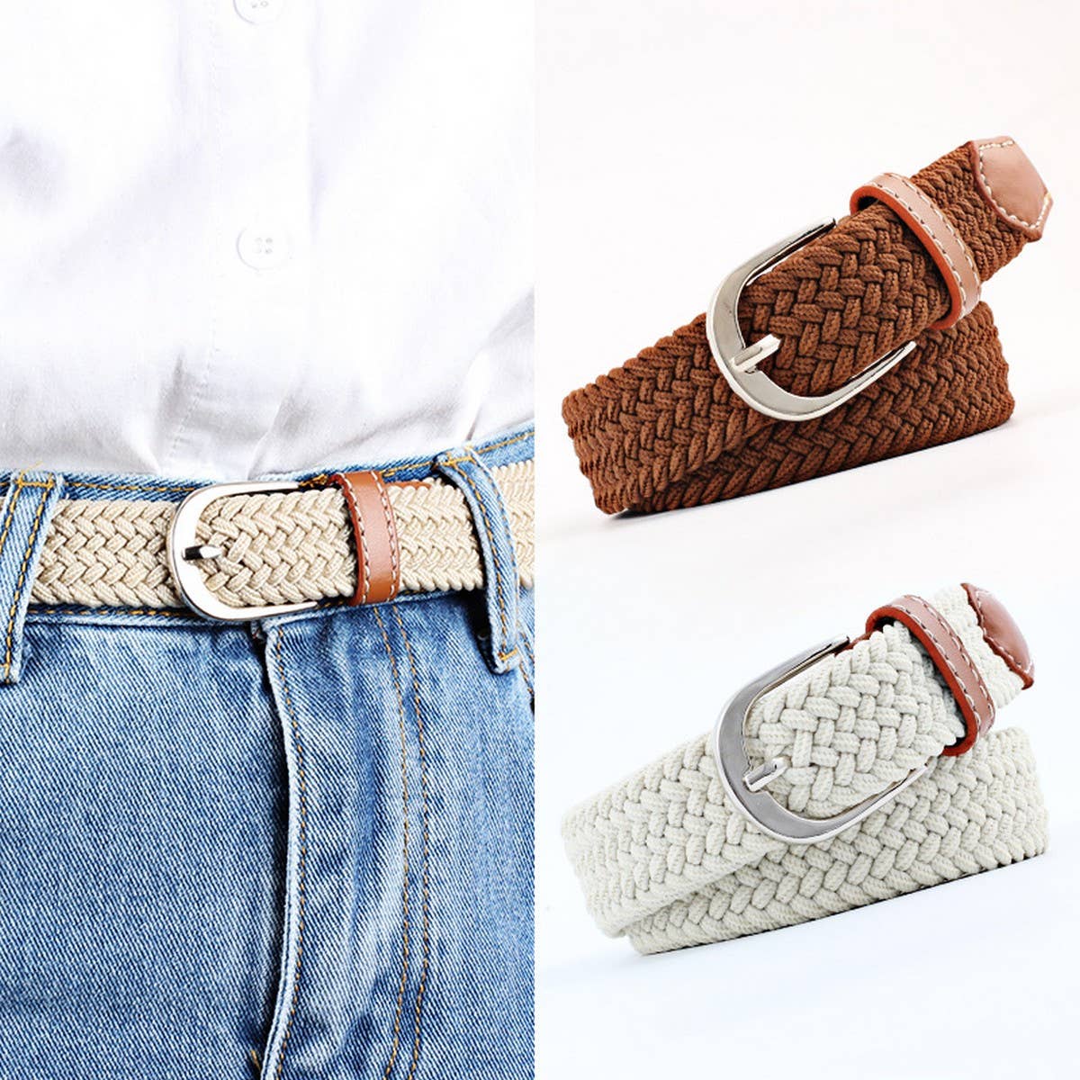 Woven Canvas Elastic Belt - Black/White