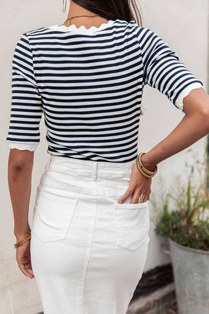 Striped Contrast Scallop Trim Half Sleeve Top