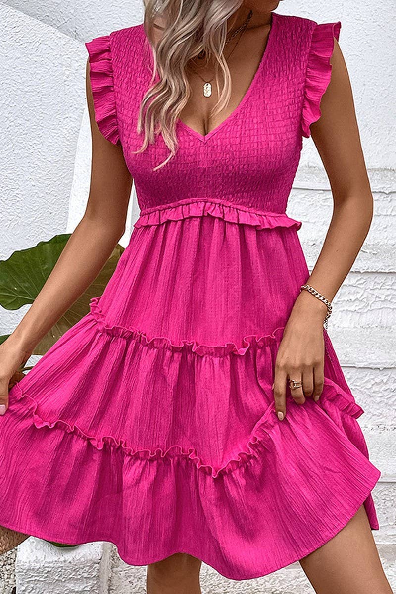 V-Neck Hot Pink Sleeveless Smocked Tiered Dress