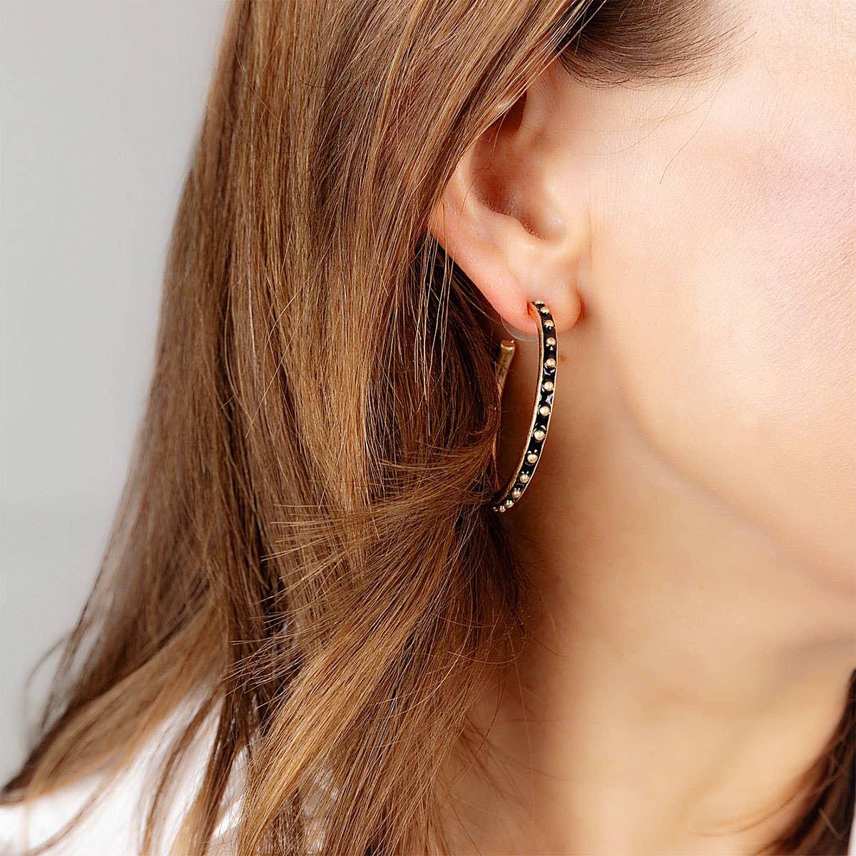 Enamel Studded Metal Hoop Earrings: Black