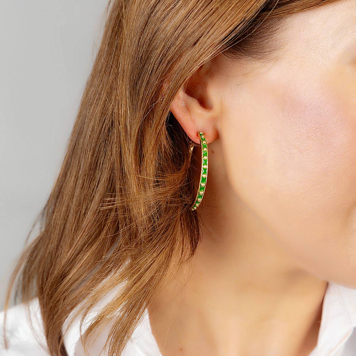 Enamel Studded Metal Hoop Earrings: Green