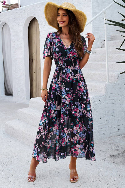 Deep V-Neck Short Sleeve Floral Print  Midi Dress