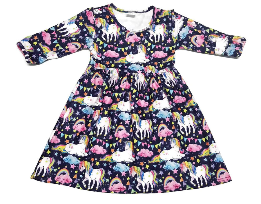 Rainbow Unicorn Milk Silk 3/4 Sleeve Dress