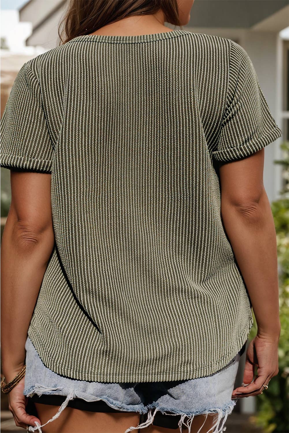 Corded V Neck Patch Pocket Tee