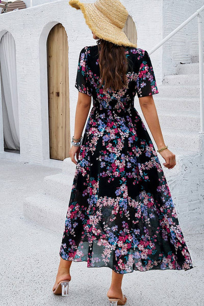 Deep V-Neck Short Sleeve Floral Print  Midi Dress