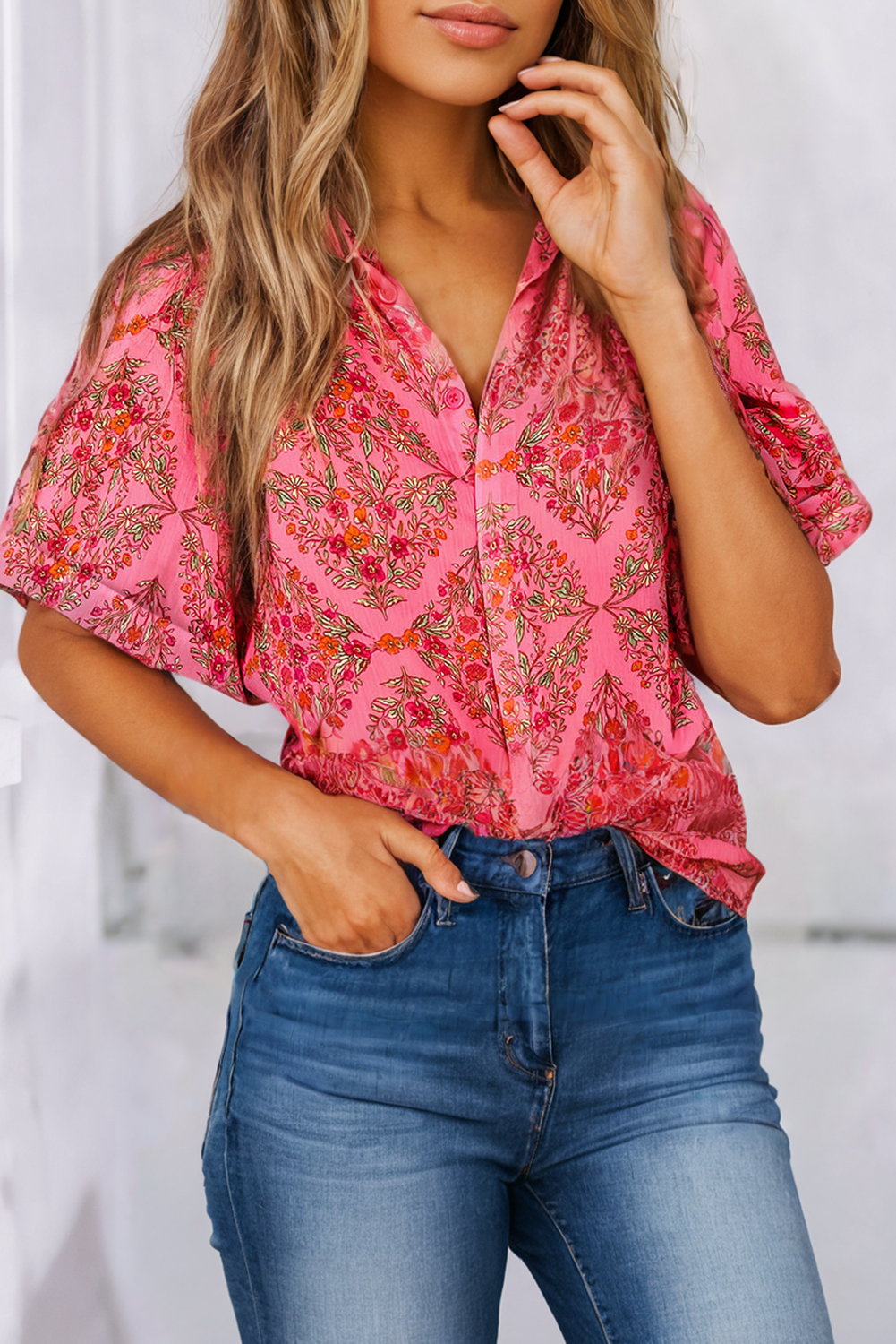 Floral Print Wide Sleeve Loose Shirt