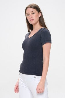 Black Reversible Short Sleeved Stonewashed Ribbed Top