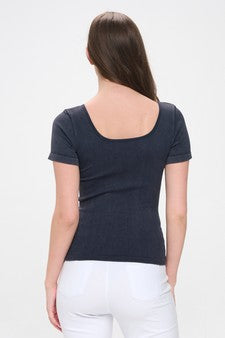 Black Reversible Short Sleeved Stonewashed Ribbed Top