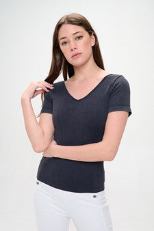 Black Reversible Short Sleeved Stonewashed Ribbed Top