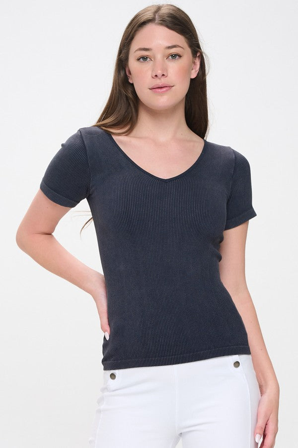 Black Reversible Short Sleeved Stonewashed Ribbed Top