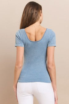 Denim Blue Reversible Short Sleeved Stonewashed Ribbed Top