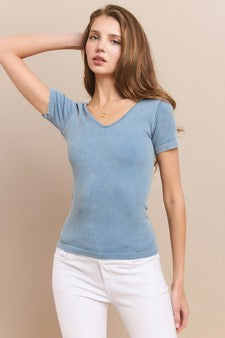 Denim Blue Reversible Short Sleeved Stonewashed Ribbed Top