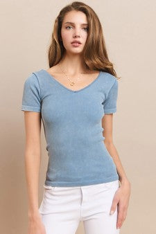 Denim Blue Reversible Short Sleeved Stonewashed Ribbed Top