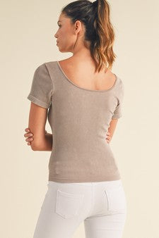 Lt. Mocha Reversible Short Sleeved Stonewashed Ribbed Top