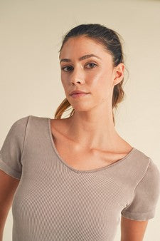 Lt. Mocha Reversible Short Sleeved Stonewashed Ribbed Top