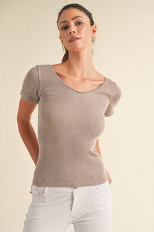 Lt. Mocha Reversible Short Sleeved Stonewashed Ribbed Top