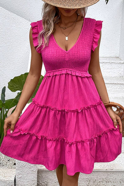 V-Neck Hot Pink Sleeveless Smocked Tiered Dress