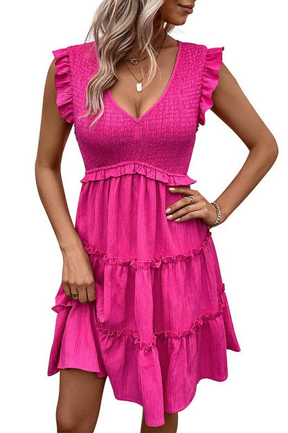 V-Neck Hot Pink Sleeveless Smocked Tiered Dress