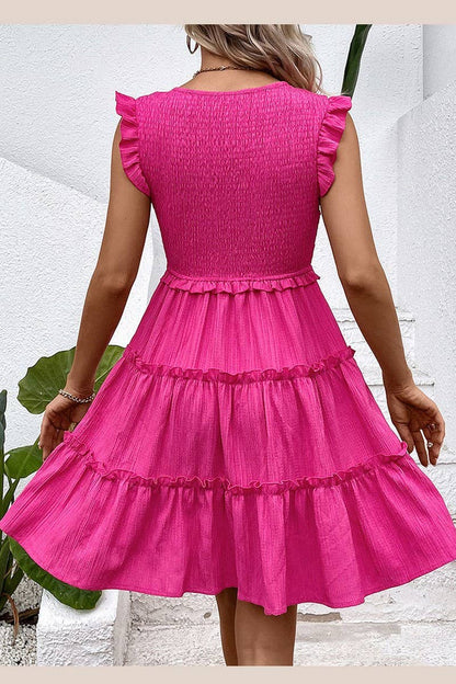 V-Neck Hot Pink Sleeveless Smocked Tiered Dress