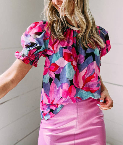 Floral Print Shirred Puff Sleeve Blouse