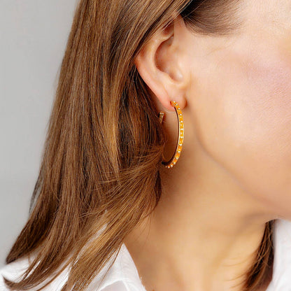 Enamel Studded Metal Hoop Earrings: Green