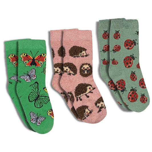 Butterflies, Hedgehogs and Ladybugs Kids Socks / 3-Pack: 7-10 Years