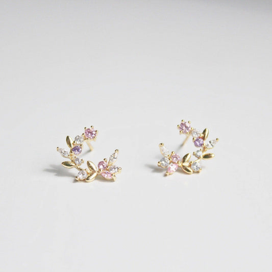 Leaf Wreath Earrings - Pink Crystal Flower Leaves Studs