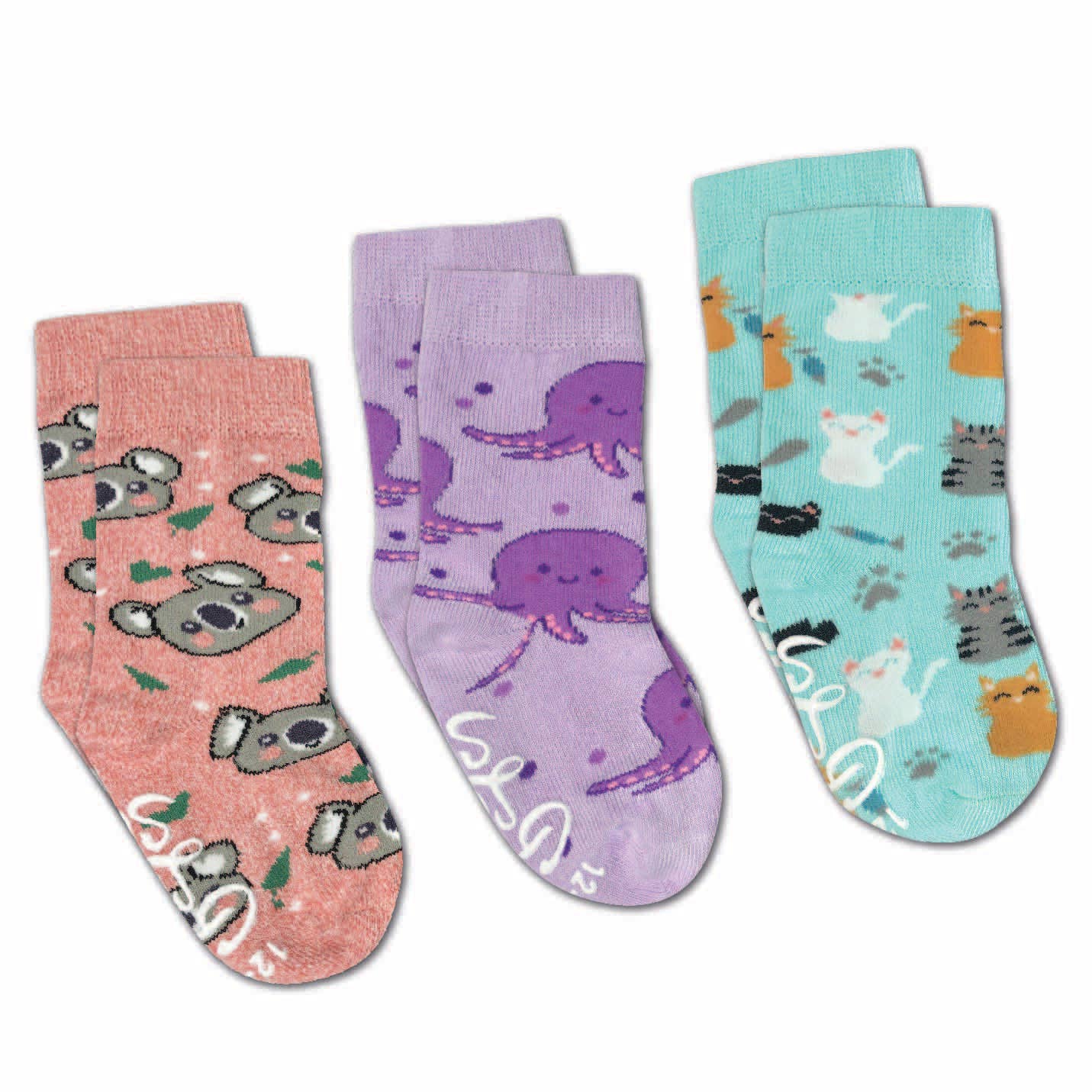 Cats, Koala And Octopus Kids Socks / 3-Pack: 7-10 Years