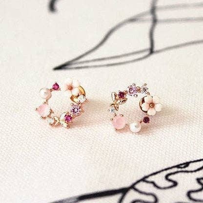 Rose Gold Wreath Earrings - Flower and Crystal Stud Earrings