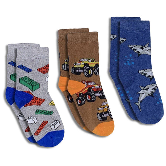 Building Blocks, Trucks and Sharks Kids Socks / 3-Pack: 7-10 Years