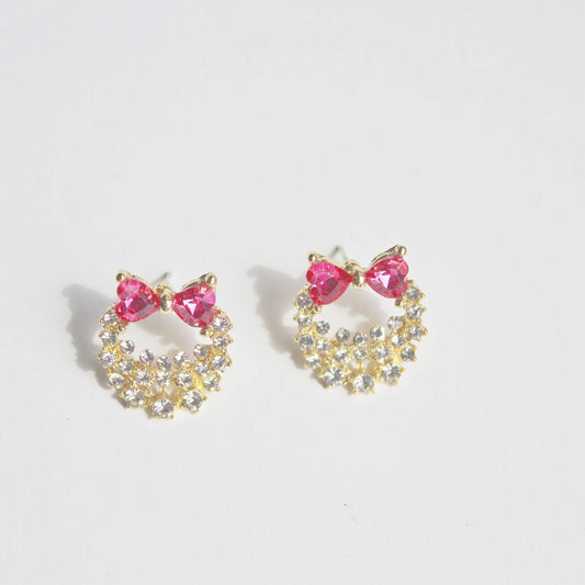 Bow Tie Wreath Earrings - Pink Crystal Heart Shape Studs