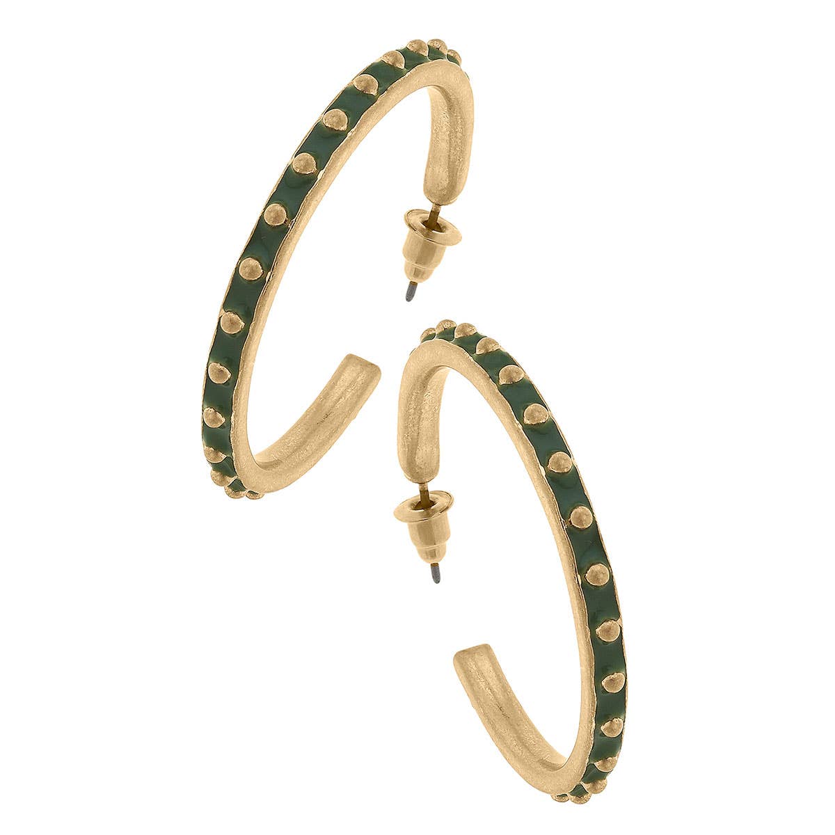 Enamel Studded Metal Hoop Earrings: Green